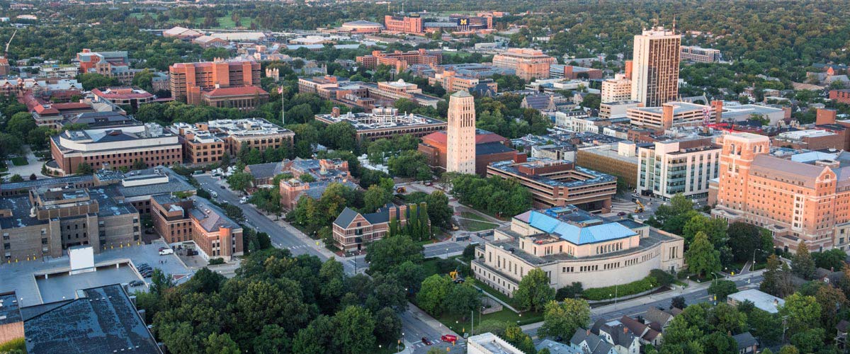 Aerial view of the University of Michigan Central Campus with Bell Tower